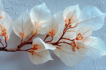 Fototapeta premium Close-up of delicate transparent leaves on branch against soft background