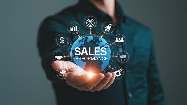 Businessman holding a glowing globe displaying sales performance surrounded by business icons representing growth and success