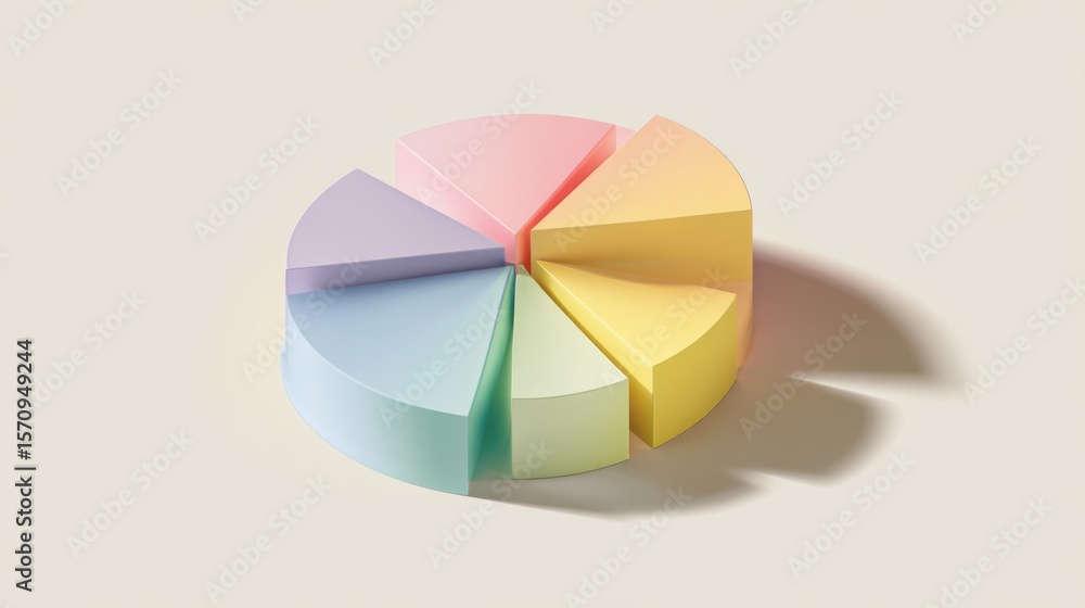 Poster a segmented d pie chart with vibrant, pastel-colored slices, casting realistic shadows on a white ba