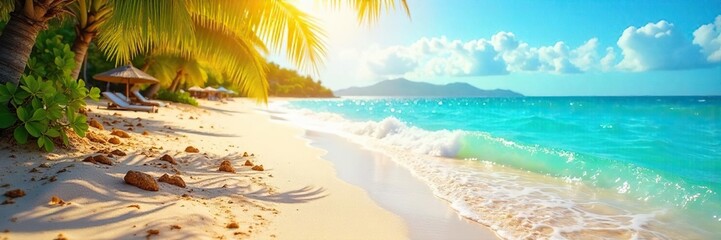 Sun-Kissed Beach Scene Golden Sand, Azure Waters, Vibrant Summer Vacation