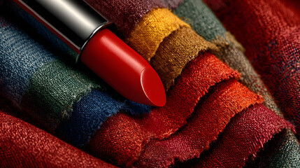 Bold red lipstick smear artistically arranged on luxurious satin fabric alongside vivid color swatches