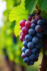 Sun-Ripened Grapes Hanging Heavy on Mature Vine, Ready for Harvest. Vibrant Green Leaves and Deep Purple Fruit Contrast Beautifully in this Idyllic Outdoor Agricultural Scene.