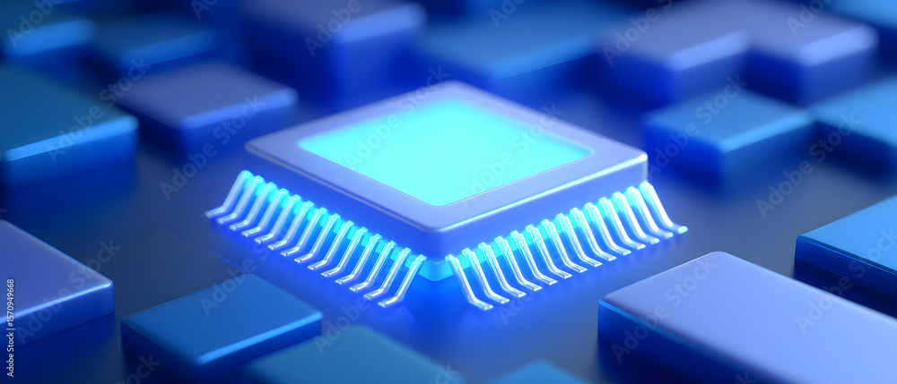 Poster blue tech chip background with circuit and data elements