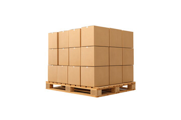 Stack of brown cardboard boxes arranged in cube formation on wooden pallet, isolated on a transparent background