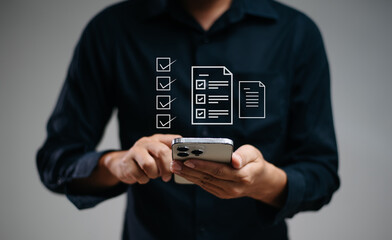 Hands using a tablet to review a checklist app in a modern workspace. Ideal for business, productivity, digital workflow,
