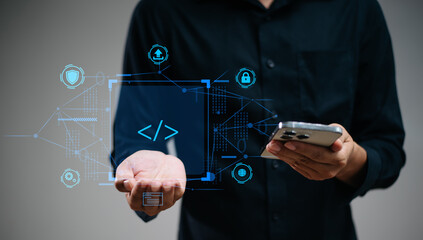 Real person presenting a floating code symbol in a virtual tech interface. Modern concept of...