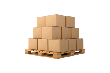 Pyramid arrangement of brown cardboard boxes stacked in decreasing tiers on wooden pallet, isolated on a transparent background