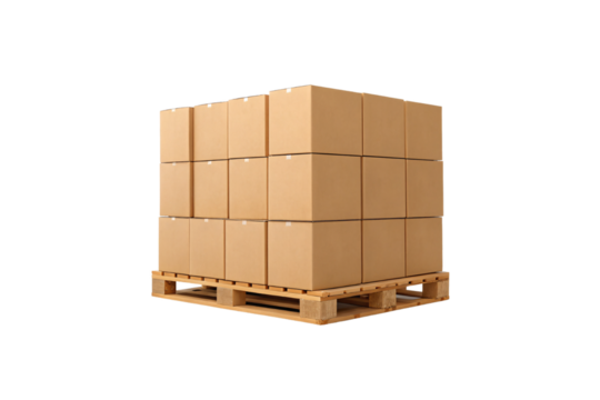Stack of brown cardboard boxes arranged in cube formation on wooden pallet, isolated on a transparent background