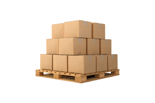 Pyramid arrangement of brown cardboard boxes stacked in decreasing tiers on wooden pallet, isolated on a transparent background