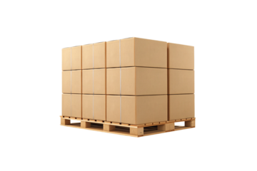 Brown cardboard boxes arranged in orderly cube stack formation on wooden shipping pallet, isolated on a transparent background