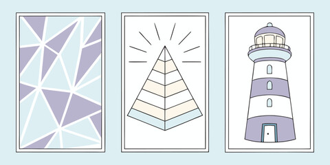 Abstract Geometric Posters Lighthouse, Pyramid, and Triangle Designs