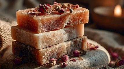 Stack of natural bar soaps placed atop smooth stone, garnished with scattered dried rose petals, softly illuminated