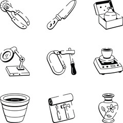 Set of Hand Drawn Pottery Tools Icons 
