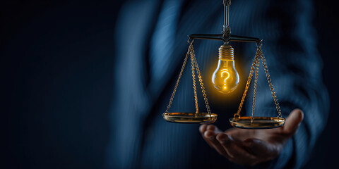 Businessman weighing ideas and questions in office