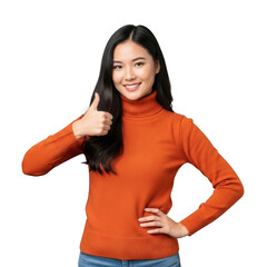 Smiling woman giving thumbs up isolated on transparent background