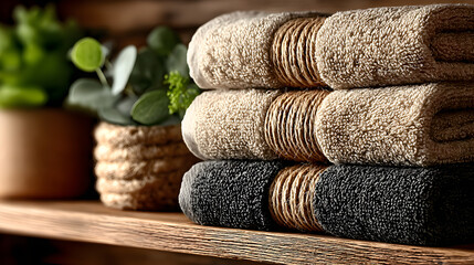 Neatly folded beige towels stacked aesthetically on a wooden shelf, accented by jute string and fresh eucalyptus