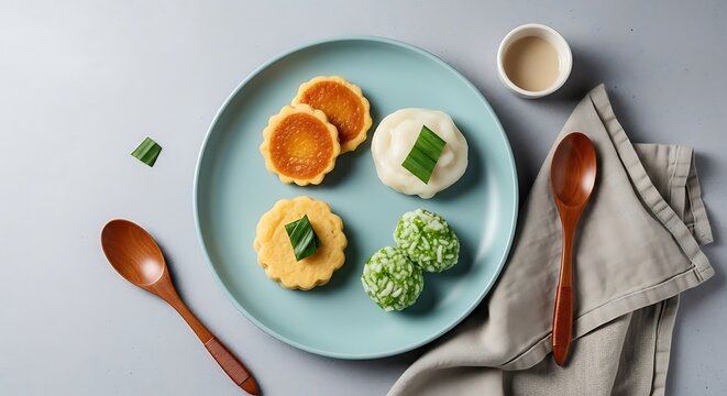 Traditional Indonesian desserts, accompanied by a small dish and wooden spoons on a gray surface,Sweet Indonesian treats on a turquoise plate with wooden spoons and a small dish of liquid
