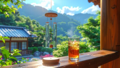 山間の静かな風景を背景にした風鈴とお茶の和やかな午後のひととき