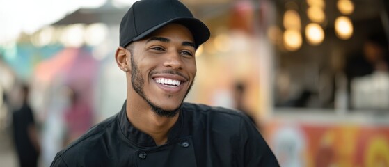 The smiling chef in a food truck environment radiating joy and culinary passion.