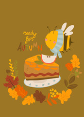 Cute Little Bee wearing Scarf flying above Apple Pie