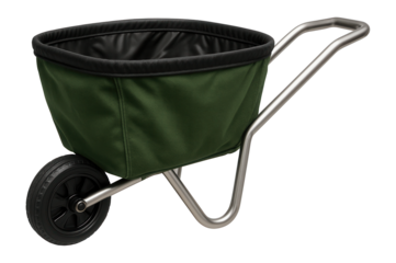 A collapsible fabric wheelbarrow, suitable for collecting leaves and debris in a private garden.