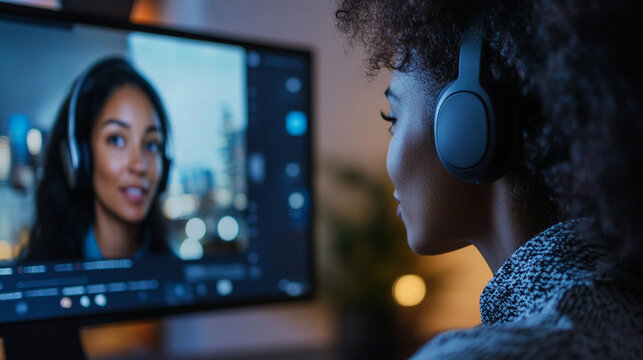 close-up of teacher on video call screen, face softly lit, headset and notes visible