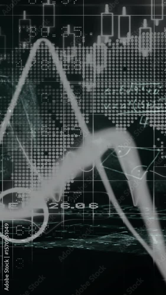 Poster animation of graphs, map and mathematical equation and diagrams against black background