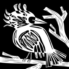 Black and white abstract illustration of an exotic bird on a branch. Bird on a branch. Abstract illustration. Black background, branch. Wildlife, bird watching. Exotic bird species.