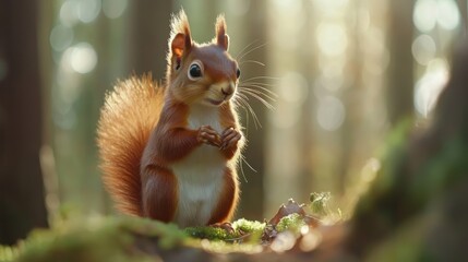 Funny red squirrel standing in the forest, playfully observing the surroundings
