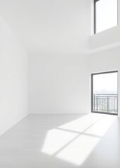 Fototapeta premium Spacious empty room featuring a large window and minimalist white walls in apartment design Empty room interior design architecture blank design room