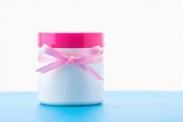 White cosmetic jar with pink lid and ribbon