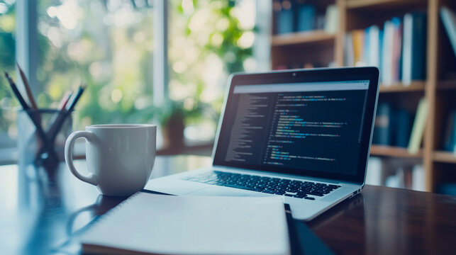 close-up of desktop with coffee mug, notepad, and online lecture paused on laptop, calm home study scene