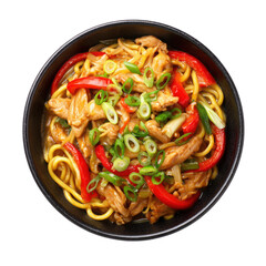 Chicken Lo Mein Noodles with Peppers in Black Bowl on transparent background