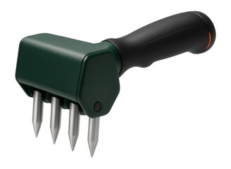 Handheld aerator with a compact design and retractable spikes, ideal for transport and use in community gardens.