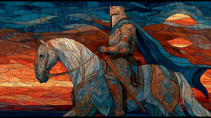 Exquisitely crafted stained glass mosaic depicting a knight on horseback, softly illuminated by sunset hues
