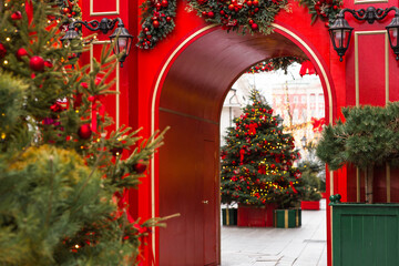 Holiday New Year decorations on the streets of Moscow. Magical Christmas background. Concept of...