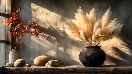 Elegant beige feathers styled in a rustic wooden vase, casting beautiful sunlight shadows on textured wall