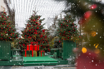 Holiday New Year decorations on the streets of Moscow. Magical Christmas background. Concept of...