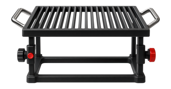 Adjustable-height cast iron grill grate with side handles for campfire cooking