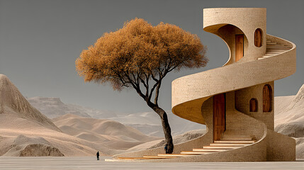 Artistic beige spiral staircase elegantly ascending rolling hills, accented by the silhouette of a single tree
