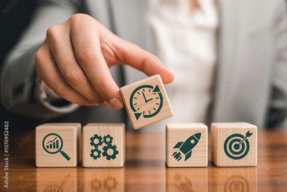 Poster hand placing a wooden block with a clock icon onto a sequence representing business growth strategy 