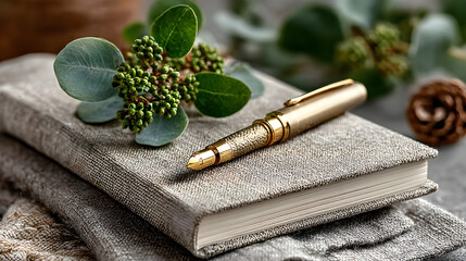 Beige notebook and sleek gold pen beautifully styled with fresh green leaves in an elegant flatlay