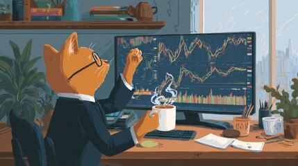 In a chic office setting, a large virtual screen displays live stock market movements with graphics. In front of the desk, a female cat in a suit is focused on the screen with a serious expression.