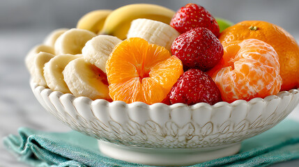 Fresh bananas, oranges, and mandarins artistically arranged in a pristine white ceramic bowl