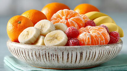 Fresh bananas, oranges, and mandarins artistically arranged in a pristine white ceramic bowl