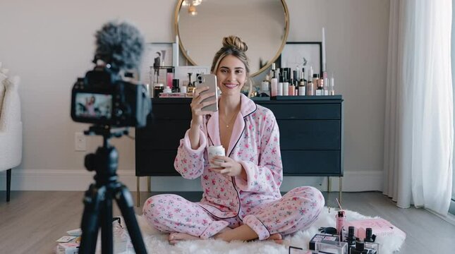 Young female influencer recording a GRWM (Get Ready With Me) video for social media, sitting on the floor and talking to her phone camera.

