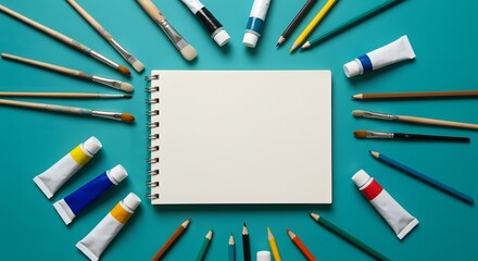 Creative Art Supplies: Blank Sketchbook Surrounded by Paint and Brushes