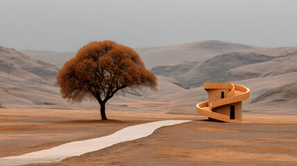 Scenic beige spiral staircase gracefully ascending rolling hills, highlighted by the silhouette of a solitary tree