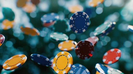 A group of poker chips suspended in mid-air, creating a dynamic and playful effect - Powered by Adobe