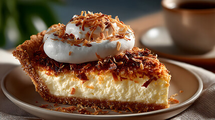 Perfectly presented coconut cream pie slice placed gently on a delicate beige background